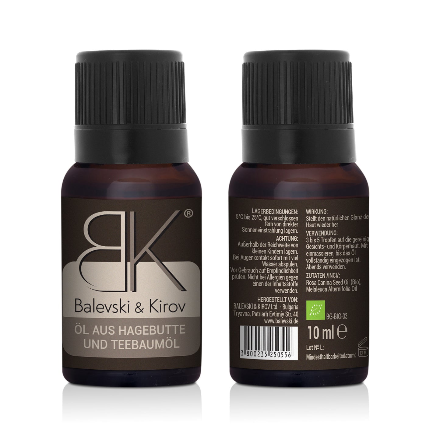 Kaltgepresstes Hagebuttenöl mit ätherischem Teebaumöl - Bio-Produkt