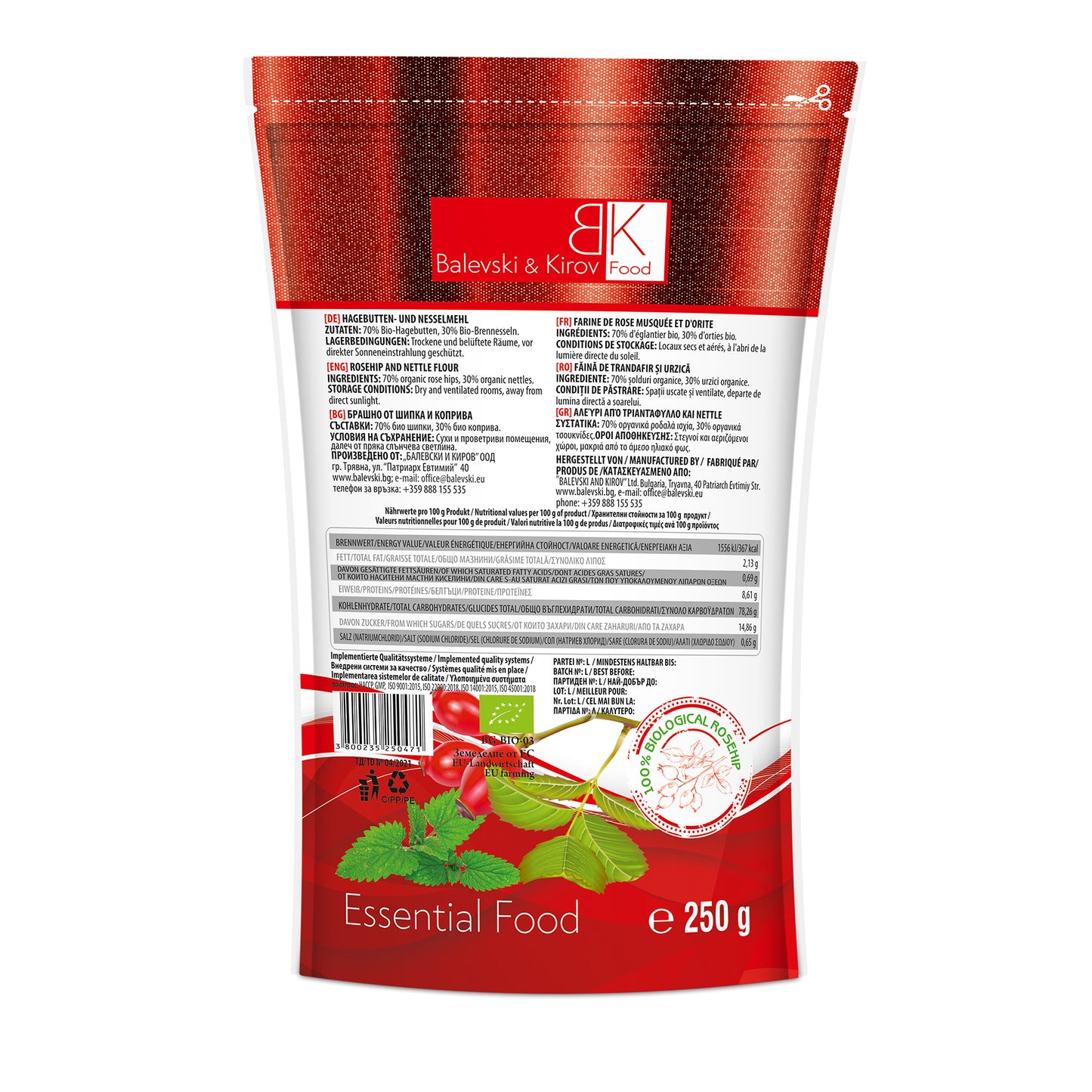 Hagebuttenpulver und Brennnessel 120 Mikron, Doy-Pack, 250 g - Bio-Produkt